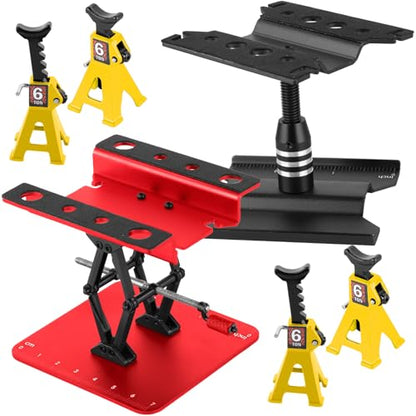 2-Pack RC Work Stand Bundle for 1/18 1/24 1/30 1/32 TRX4M K10 SCX24 FCX24 K5 AX24 SCX30 Ascent-32, 360° Rotating Display Stand & Height Adjustable Lift Table w/ 4 Pcs Jack Stands,Black & Red w/Yellow - color: Black&red&yellow(1set)