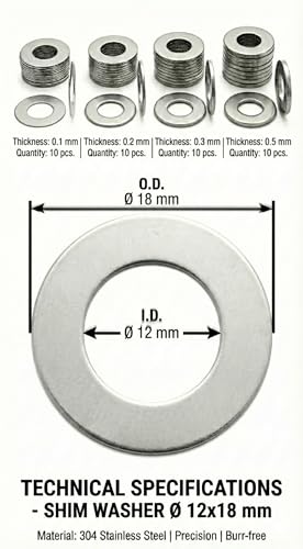 Shim Washers Stainless Steel Assortment 12x18 Precision Spacer Kit for Bearings Gearboxes CNC and RC. 40 Pieces 10 Units x 0.1/0.2/0.3/0.5 mm Deburred Flat Tight Tolerance Professional Use - size: 12x18