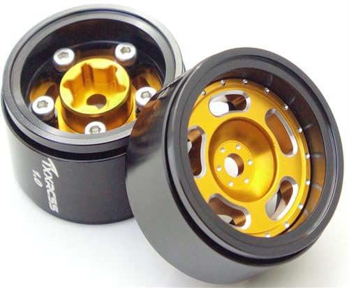 RC 1.0 Beadlock Wheels Offsets -2 Aluminum Rims for AX24 1/18 TRX4M All 1/24 Scale SCX24 Deadbolt RC Crawler Car Wheels Upgrades 4Pc (Black & Golden) - color: Black & Golden