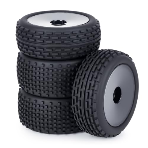 1/10 RC Buggy Tires and Wheels, Pre-Glued Off Road RC Tires Set, 12mm Hex Front & Rear RC Buggy Wheels for 1/10 Scale RC Car, 4PCS