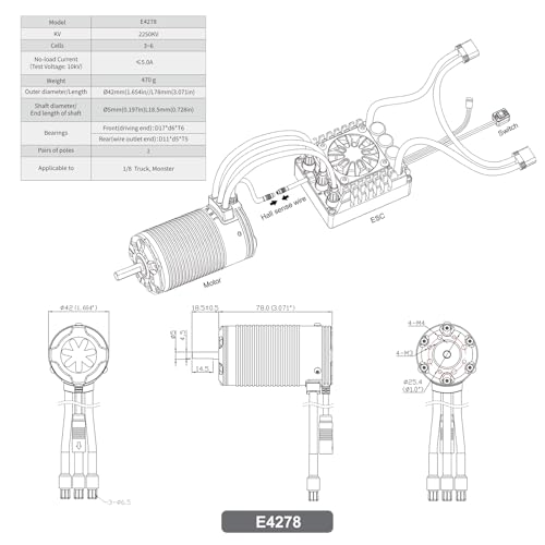 XC E4278 Sensored Brushless Motor for RC Car,2250KV,3-6S Lipo,IP67 Water Proof,Applicable to:1/8 Truck Monster