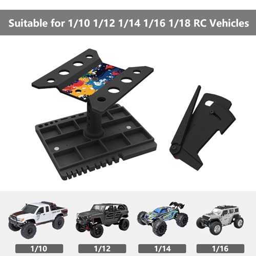360 Degree Rotation RC Car Work Stand Lift Lower Repair Workstation with RC Car Ride Height Gauge for 1/10 1/12 1/14 1/16 Crawler Remote Control Car Truck Buggy, Black - color: Black
