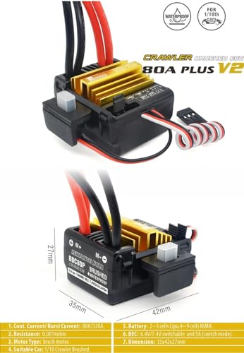 2S Rocket 540 Plus V2 20T 5 Slots Brushed Motor + 80A Brushed ESC Combo Set for TRAXXAS TRX4 SCX10 1/10 Crawler RC Climbing Car - size: 20T+80A