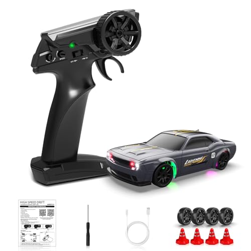 1/43 RC Drift Car, Mini Drifting RC Car with Gyro 2.4GHz Full Proportional Drift Cars 4WD RTR Remote Control Cars with Colorful Lights High Speed Fast Racing Vehicle Gift for Kids Boys Adults - color: Silver