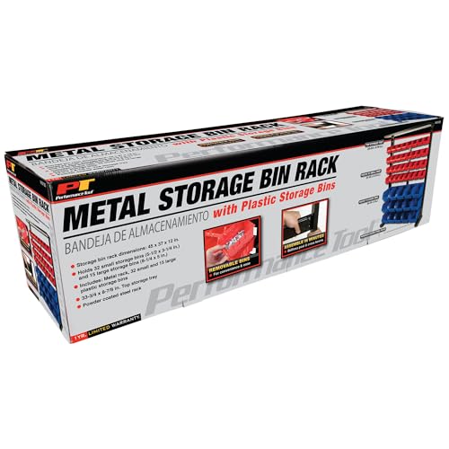Performance Tool W5193 Half Bulk Bin Storage Rack with 32 Bins | Red and blue sorting trays. Black powder coated steel frame measures 45x37x11 in. Assembly hardware included - style: 47-Bin Half Storage Rack