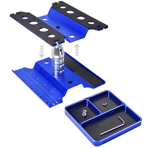 RC Car Work Stand Adjustable Height Lift Lower 360° Rotation Aluminum RC Repair Stand & Small Screw Tray Fit for 1/8 1/10 1/12 1/14 for Traxxa Axial Arrma Redcat RC Crawler Monster Truck Buggy（Blue） - color: Blue