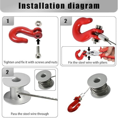 Metal Winch Drum Kit with Steel Cable & Tow Hook – Converts 25T Servo into RC Winch for 1/10 RC Crawler TRX4 SCX10 D90 CC01 – 190cm Cable, 12g (Servo Not Included)