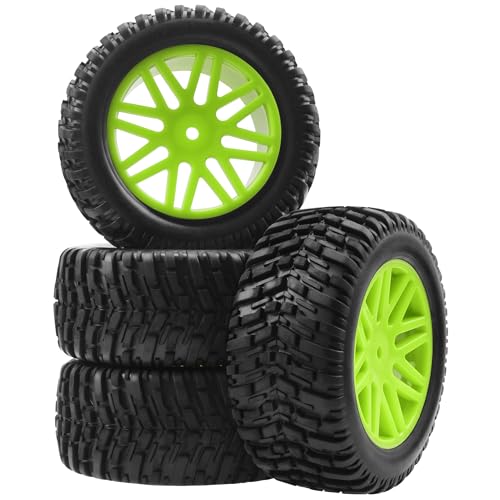 OD 96mm RC Off Road Short Course Truck Tire w/Plastic Rim 12mm Hex Compatible with 1/10 Scale Buggy Car HSP 94170 94155 Wltoys 1/14 144001 124019 RC Car (Green) - color: Green