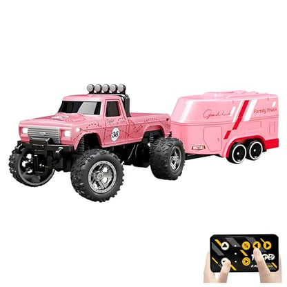 Mini Rc Truck, 1:64 Scale Monster Truck Remote Control Car with Lights, 2.4Ghz Remote Control, Speed/Steering Adjustable (Pink) - color: Pink