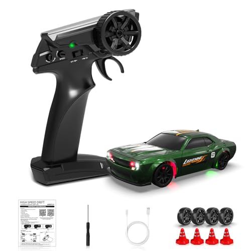 1/43 RC Drift Car, Mini Drifting RC Car with Gyro 2.4GHz Full Proportional Drift Cars 4WD RTR Remote Control Cars with Colorful Lights Gyroscope Fast Racing Vehicle Gift for Kids Boys Adults - color: Green