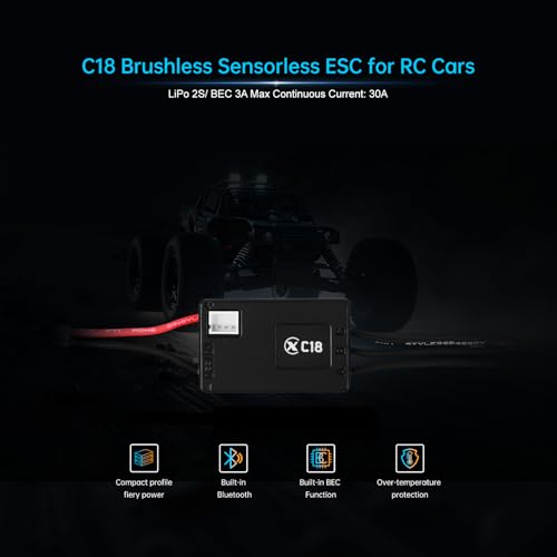 XC C18 Sensorless Brushless ESC for 1/18 1/24 RC Car,2S 30A | Bluetooth APP Programming,5.0V BEC,Multiple protection