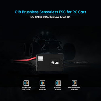 XC C18 Sensorless Brushless ESC for 1/18 1/24 RC Car,2S 30A | Bluetooth APP Programming,5.0V BEC,Multiple protection