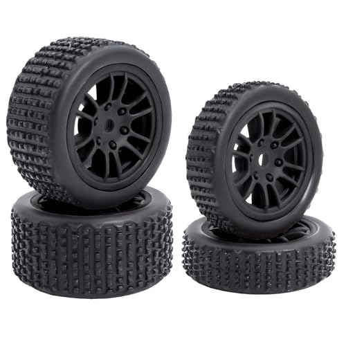 4PCS Pre-Mounted Pin Buggy RubberTires and Wheel Rims Set 7MM Hexagon for 1/24 Losi Micro-B RC Car Upgrades Parts (Black) - color: Black