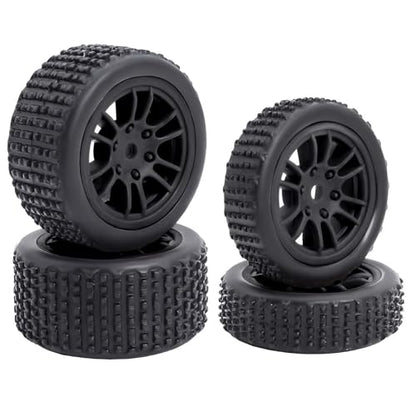 4PCS Pre-Mounted Pin Buggy RubberTires and Wheel Rims Set 7MM Hexagon for 1/24 Losi Micro-B RC Car Upgrades Parts (Black) - color: Black