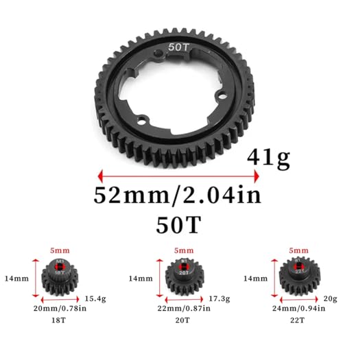 Hardened Steel 50T 1 Mod Spur Gear with 18T 20T 22T Motor Pinion Gear for 1/5 X-Maxx 1/7 XO-1 1/10 Maxx/E-Revo 2.0 VXL Upgrade Part, Replace of #6448 - size: 50T