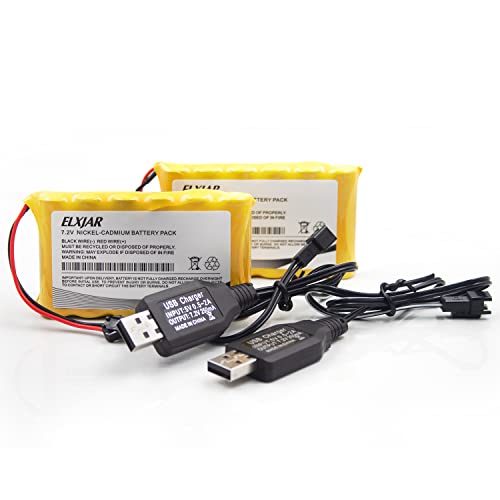 (2-Pack) 7.2V 800mAh Ni-Cd Battery with SM-2P Plug for Huina 1550 | Fits old-version Huina 550, 560, 1560, 570, 1570 and Fisca TR-211 RC vehicles; includes 2 USB charger cables.