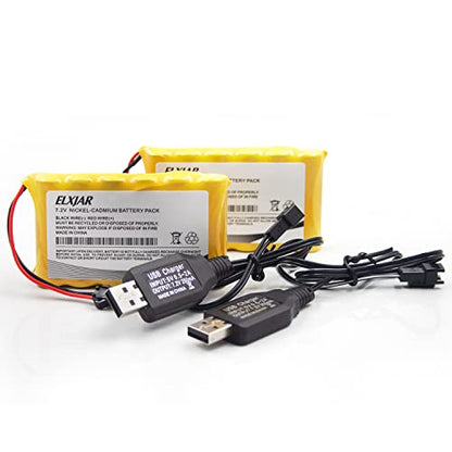 (2-Pack) 7.2V 800mAh Ni-Cd Battery with SM-2P Plug for Huina 1550 | Fits old-version Huina 550, 560, 1560, 570, 1570 and Fisca TR-211 RC vehicles; includes 2 USB charger cables.