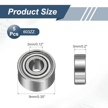 uxcell 5 Pack 603ZZ Deep Groove Ball Bearings, 3x9x5mm Chrome Steel Double Shield Bearing for Electric Motor, Home Appliances, Garden Machinery, (ABEC5) - size: 603ZZ