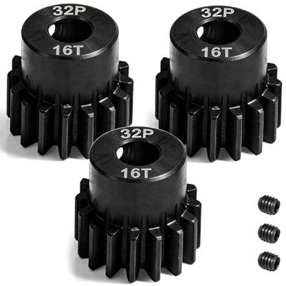 32P 16T RC Car Gear Set | 45# Steel Black Oxide | 5mm Bore +0.03mm | Precision Engineered Motor Pinion Gear Compatible with Traxxas/ARRMA/HPI/Kyosho (3-Pack with M4 Set Screws) - style: 3Pcs 16T
