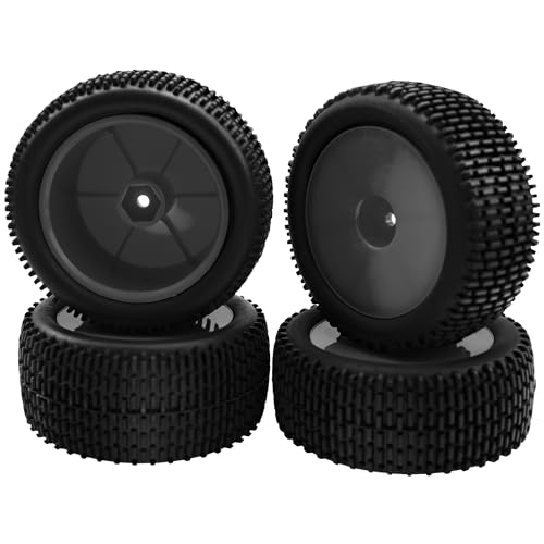 OD 88mm/3.46" Rubber Tire Front Rear Tyre & Plastic Wheel Rims 12mm Hex Hub Compatible with Redcat Tornado Shockwave HPI HSP Kyosho Losi 1/10 Scale Off Road Buggy (Black) - color: Black