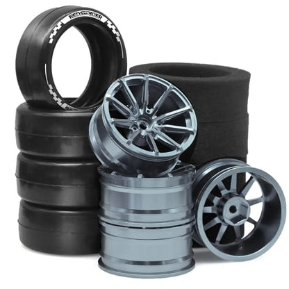 REDSPIDER 1/10 RC Drift Aluminum Wheels and Tires, OD 65mm Drift Racing Tires, 12mm Hex for 1:10 Rally Street On Road Touring Car (Titanium)