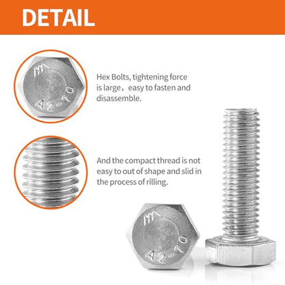 M4 x 8mm 12mm 16mm 20mm 25mm Heavy Duty Hexagon Bolts Hex Head Screws, 304 Stainless Steel, Metric Machine Fully Threaded, Bright Finish, Assortment Kit 100PCS - size: M4 x 8/12/16/20/25mm (100PCS)