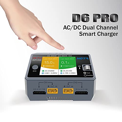 HOTA D6 Pro Balance Charger: Dual Ports Smart Charger with Phone Wireless Charging for Lipo Battery Li-ion LiHv Nicd NiMH Battery RC Car Drone Support AC/DC Input （Transparent Blue）