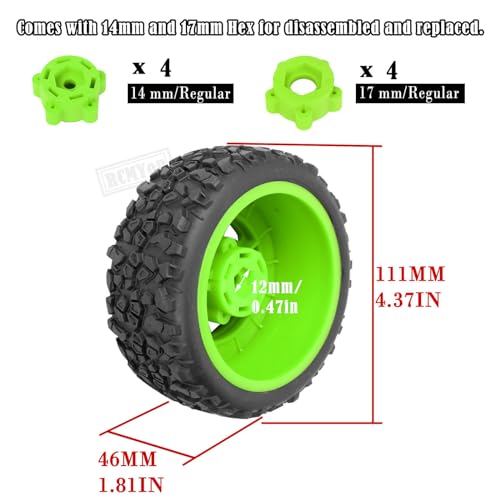 Rc Truck Tires 12mm/14mm/17mm Hex RC Wheels Tires for 1/10 Slash 4×4 2WD,Arrm a Senton,Axia1 Redca t Rc 4wd,w/RC Wheels Hex Detachable Replace Running on Off-Road Tire,Green - color: Green