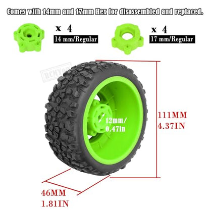 Rc Truck Tires 12mm/14mm/17mm Hex RC Wheels Tires for 1/10 Slash 4×4 2WD,Arrm a Senton,Axia1 Redca t Rc 4wd,w/RC Wheels Hex Detachable Replace Running on Off-Road Tire,Green - color: Green