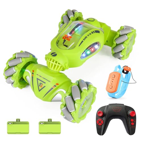 HUIOP Stunt Car 2.4GHz Car Spray Car with Function Lateral Movement,Breathing Light,Deformation,Double-Sided Driving,Wrist Watch-Dual - color: Green, size: 2 battery