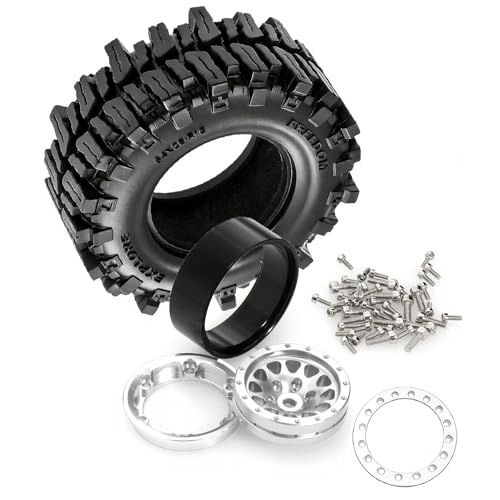 REDSPIDER RC 1.3inch Beadlock Wheels and Crawler Tires 64mm * 26mm Mud Slingers X Super Soft Sticky Tyres For RC 1/24 1/18 Scale Crawler TRX4M SCX24 FCX24 FCX18 (Silvery) - color: Silvery