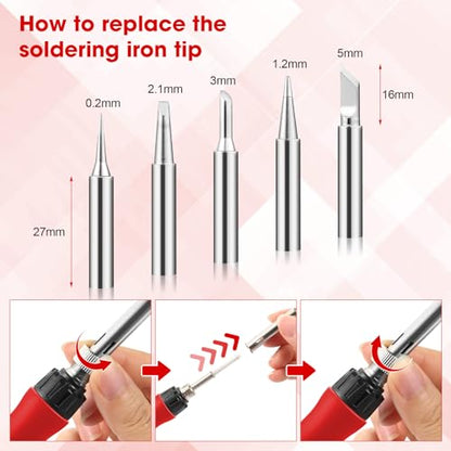 Soldering Iron Kit, 100W LED Digital Solder Gun kits with Ceramic Heater, Adjustable Temperature Welding Tools with Tips, Wick Braid, Stand, Solders Wire, Sponge, Flux Paste, Red - color: Red
