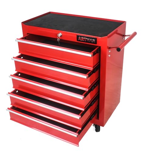 5-Drawer Lockable Tool Chest - Ball-Bearing Slides, 4 Casters (2 with Brakes) & Side Pull Handle, RED