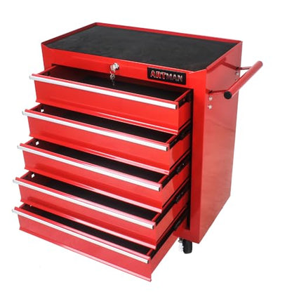 5-Drawer Lockable Tool Chest - Ball-Bearing Slides, 4 Casters (2 with Brakes) & Side Pull Handle, RED