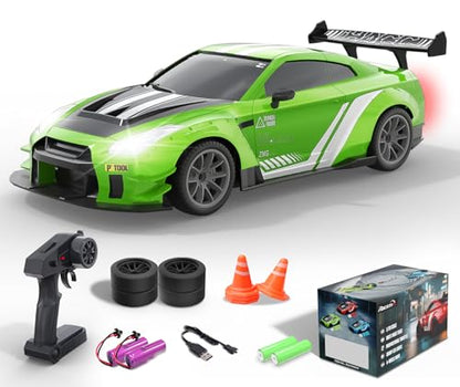 Drift RC Car, 1:20 Scale 2.4GHz 4WD 20KM/H Remote Control Cars | LED lights, drift tires & racing tires, 2 batteries, proportional throttle control - color: Green