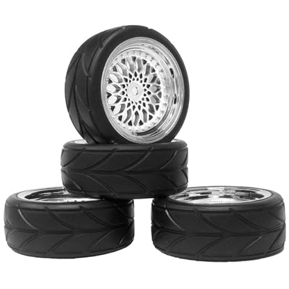 4PCS 64mm Rubber Tires and Plastic Wheel Rims Set 12mm Hex Replacement Part for Sakura Tamiya TT02 HPI HSP Kyosho 1/10 RC On Road Run-flating Touring Racing Car Tyre (Silver, Offset:3mm) - color: Silver, size: Offset:3mm