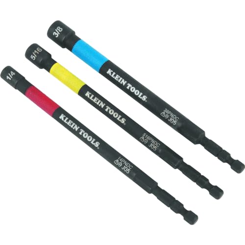 Klein Tools 65411PK3 Magnetic Color-Coded Power Nut Setter Set, 1/4-Inch Impact Hex Drive, 5-Inch Shaft, Extended Reach, 3-Piece - size: 6-Inch / 3-Piece Set