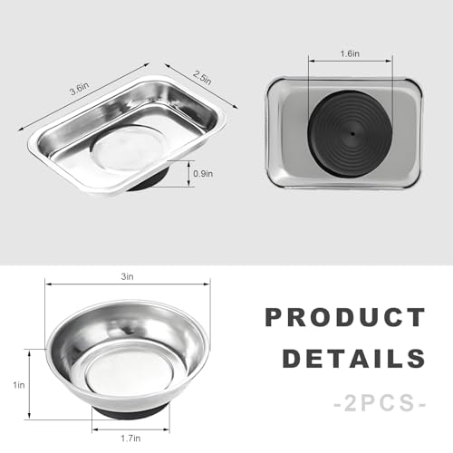 2 PCS Magnetic Tray Holders, Stainless Steel 3 Inch Round & 3.6"x2.5" Rectangle Trays Metal Parts Holder, Heavy Duty Thickened Trays for Screws Bolts Nuts Washers Pins - color: Round+Rectangle