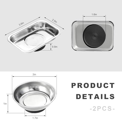 2 PCS Magnetic Tray Holders, Stainless Steel 3 Inch Round & 3.6"x2.5" Rectangle Trays Metal Parts Holder, Heavy Duty Thickened Trays for Screws Bolts Nuts Washers Pins - color: Round+Rectangle