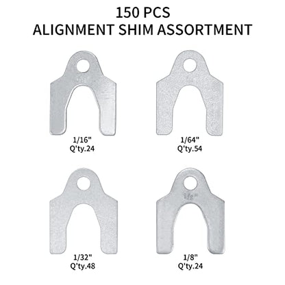 150 Pcs Auto Alignment Body Shims Kit - Spacers in Multiple Sizes | Versatile shim assortment (1/16'', 1/64'', 1/32'', 1/8''), perfect for car alignment and body adjustments.