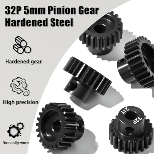 5Pcs 32P Hardened Steel Pinion Gear Set 5mm Shaft 21T 22T 23T 24T 25T Motor Pinion Gear with M4 Screw and Hex Key, for Arrma HPI Kyosho Losi Axial Traxxas Tamiya 1/10 RC Car and 540/550 Motors - size: 32P-HSP-5mm-21-25T