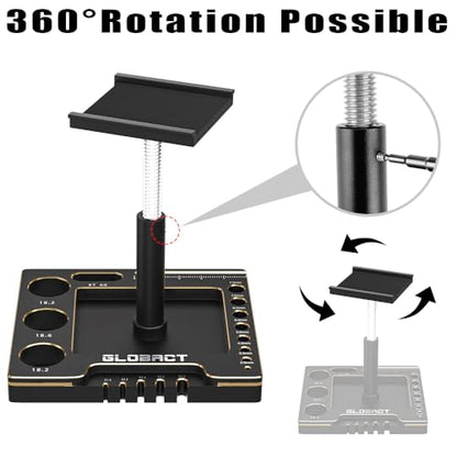 Multifunctional RC Car Stand RC Work Stand RC Repair Stand 360° Rotation Lift Or Lower with RC Screwdrivers for TRX4M SCX24 AX24 FMS FCX24 1/16 1/18 1/24 RC Crawler Truck Buggy (Black Gold)