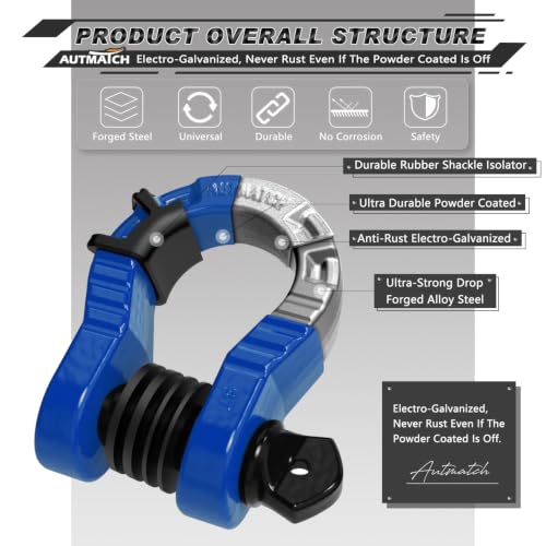 AUTMATCH 3/4" Mega D Ring Shackles (2-Pack) - 68,000 lbs Break Strength | Heavy Duty Clevis Shackle with 7/8" Pin & Isolator Washer Kit for Tow Strap, Winch, Towing & Off-Road Vehicle Recovery, Blue - color: Blue & Black