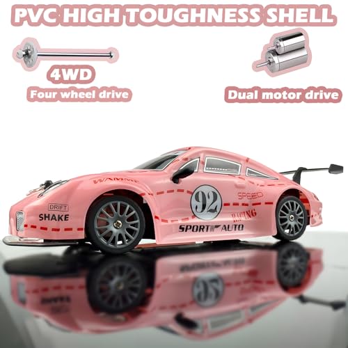 HTURCCOP RC Drift Car 2.4GHz 1:24 Scale 4WD High Speed Remote Control Cars Vehicle with LED Lights Two Batteries and Drifting Tires Racing Sport Toy Cars for Adults Boys Girls Kids Pink - color: Pink