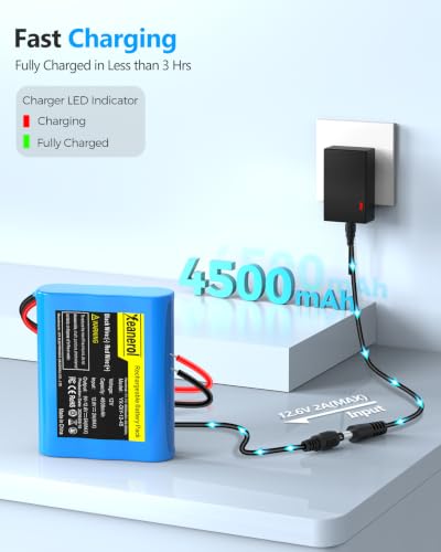11.1V- 12V 4500mAh Rechargeable Li-ion Battery Pack with Charger, Bare Leads Wire Replacement Lithium Battery Compatible with 12 Volt Devices RC Car, Boat, Robot, DIY, LED Light Strip, CCTV Camera
