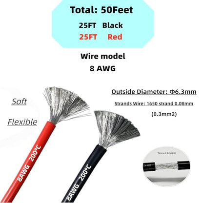 8 AWG Gauge Silicone Wire Electrical Cable（25ft red &25ft Black） Soft & Flexible 0.08 mm Tinned Copper core High Temperature Resistant Silicone Wire for Arduino Projects, RC Cars, Boat, Drones etc. - size: 25ft Red+25ft Black ﻿, style: 8 AWG