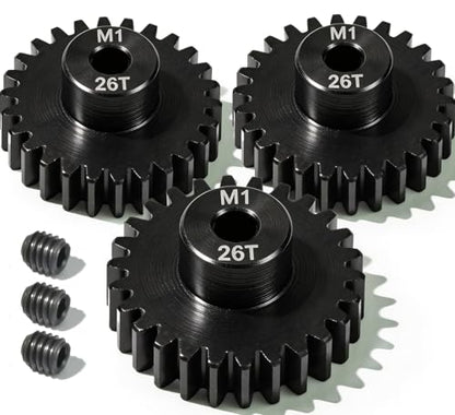 M1 Gear 26T 5mm Bore 3-Pack – High-Precision Hardened Steel Motor Pinion Gear for 1/8 1/10 RC Crawler, Monster Truck, Short Course Truck & Boat (Compatible with Traxxas Axial, FMS, HSP Redcat Losi) - style: M1 3Pcs 26T