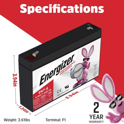 Energizer EN7-6, 6 Volt 7 Amp Hr, Long Lasting Sealed Lead Acid AGM Rechargeable Battery Ideal for Use in Emergency Illumination, Backup Power, Kids Ride On, and More