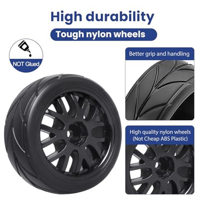 12mm Hex 1/10 On-Road Tires & Wheels – 65mm Soft Compound Set with Foam Inserts for Traxxas 4-Tec 2.0 Tamiya TT02 TT01 Drift Cars (4PCS, Unmounted)