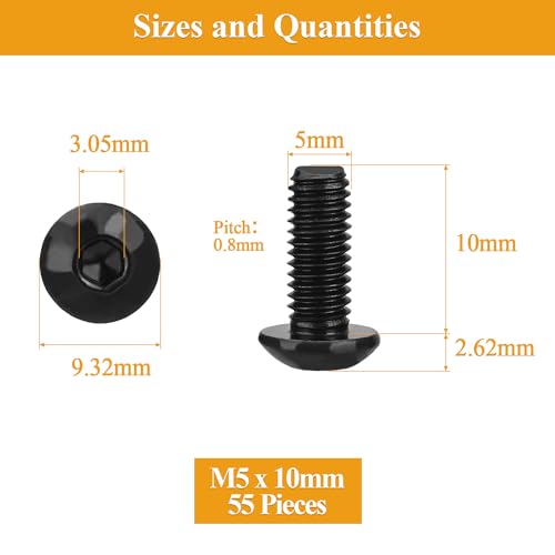 55 Pieces M5 x 10mm Button Head Socket Cap Screws, Thread Pitch 0.8mm, Sutemribor M5 Black Screws, 10.9 Grade Alloy Steel, Black Oxide Finish, Fully Threaded - size: M5 x 10mm, style: Button Head
